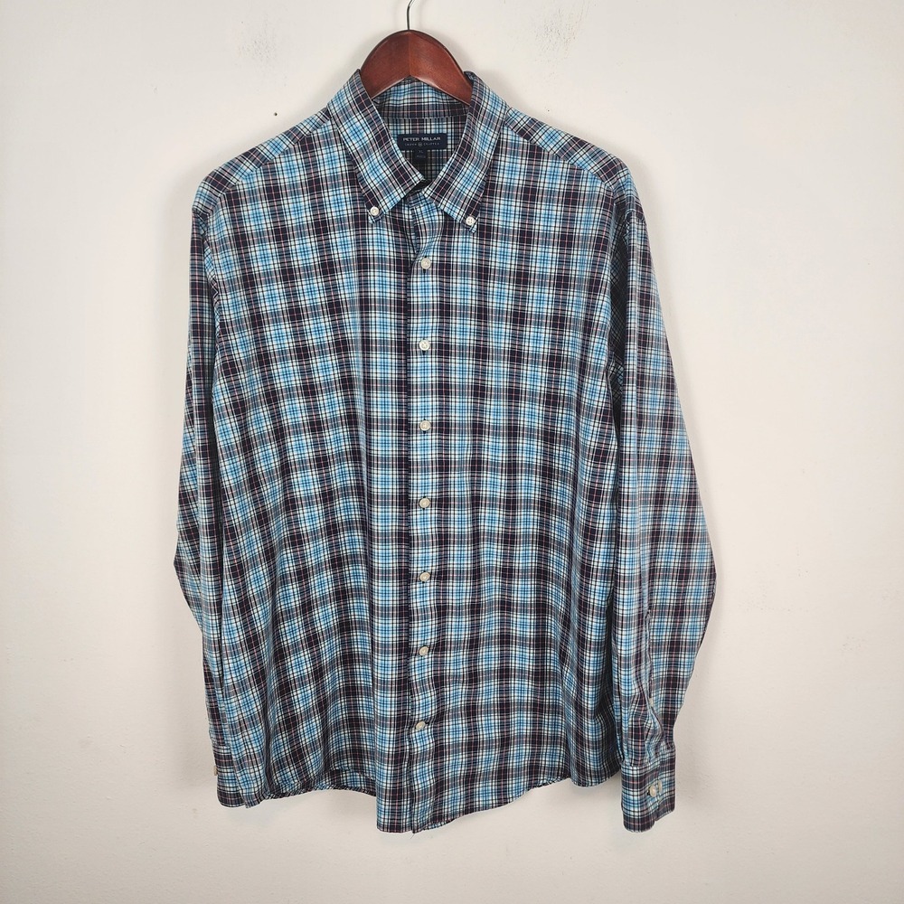 PETER MILLAR Crown Crafted Button Front Blue Plaid Long Sleeve Shirt Men's XL